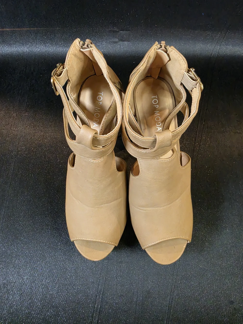 Women's Top Moda Beige Peep Toe Platform High Heel Sandals Ankle Strap Size 8